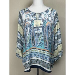 Valerie Stevens Women's colorful peasant bohemian Blouse M Lace Back Tie Front